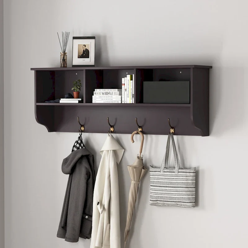 Wall Mounted Coat Rack with 4 Dual Hooks and Wooden Shelf
