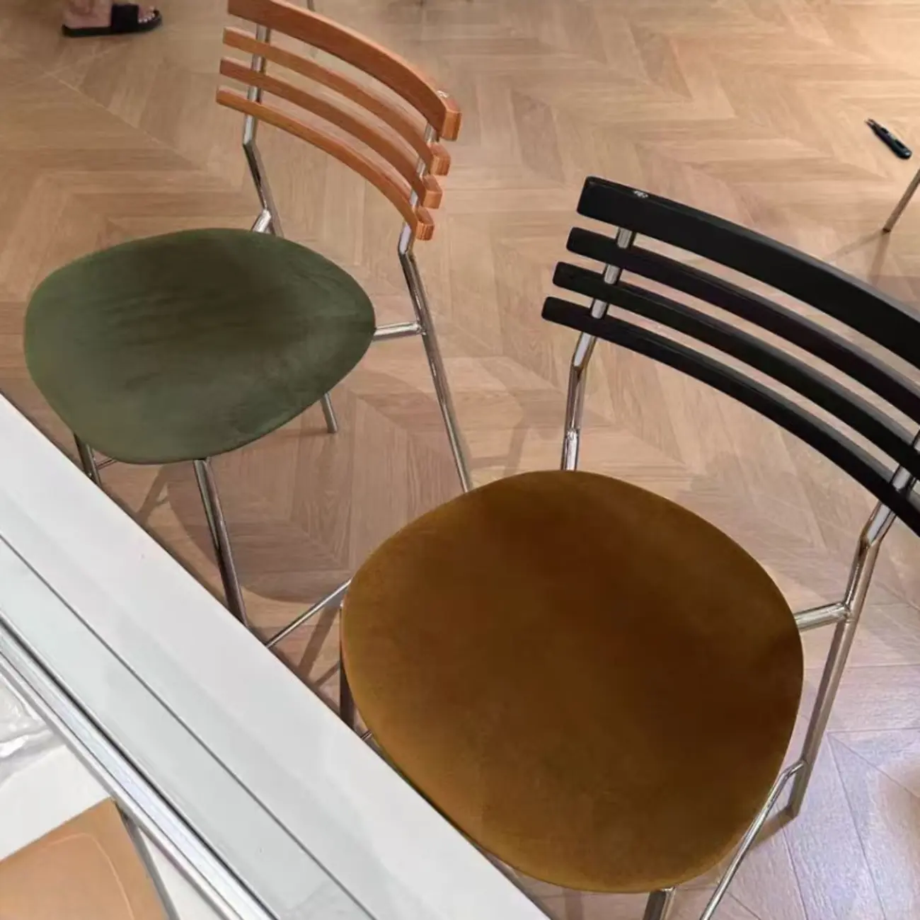 Green Leather Saddle Seat Rattan Back Counter Height Stools