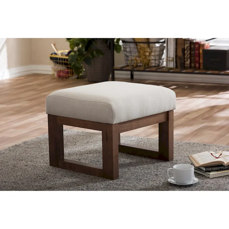 Mid-Century Ottoman Stool - Light Beige Upholstery, Walnut Wood Frame, 21.26W x 16.54H