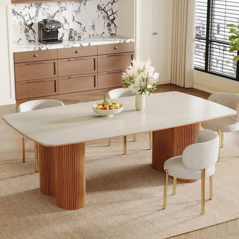 78.7 Rectangle Dining Table, Luxury Sintered Stone Kitchen Table with Solid Wood Legs