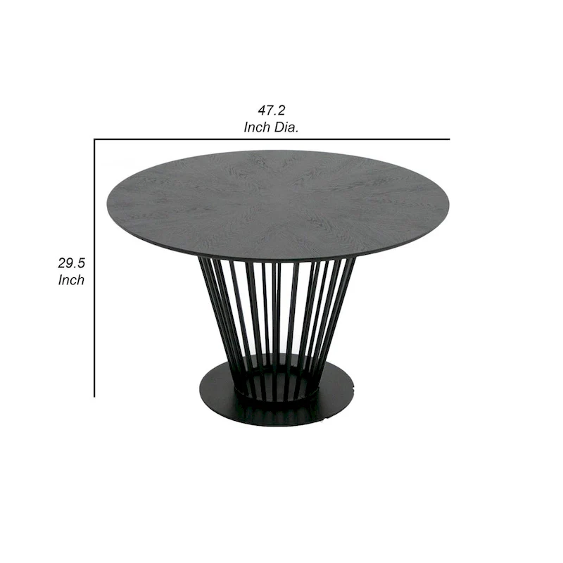 47 Inch Dining Table, Round Top, Modern Black Iron Metal Pedestal Base