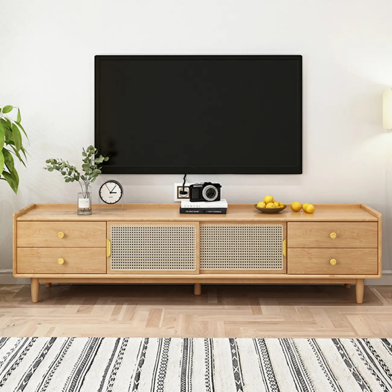 Scandinavian Natural Wood Sliding Door TV Stand with Storage
