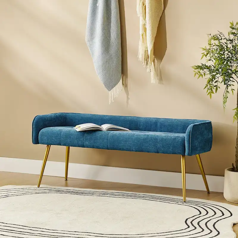 Luis Modern Upholstered Low Back Bench with Sturdy Golden Metal Tapered Leg by HULALA HOME