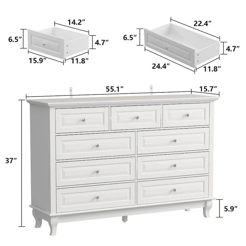 9-Drawer Dresser with Solid Wood Legs Chest Of Drawers Lacquer Console