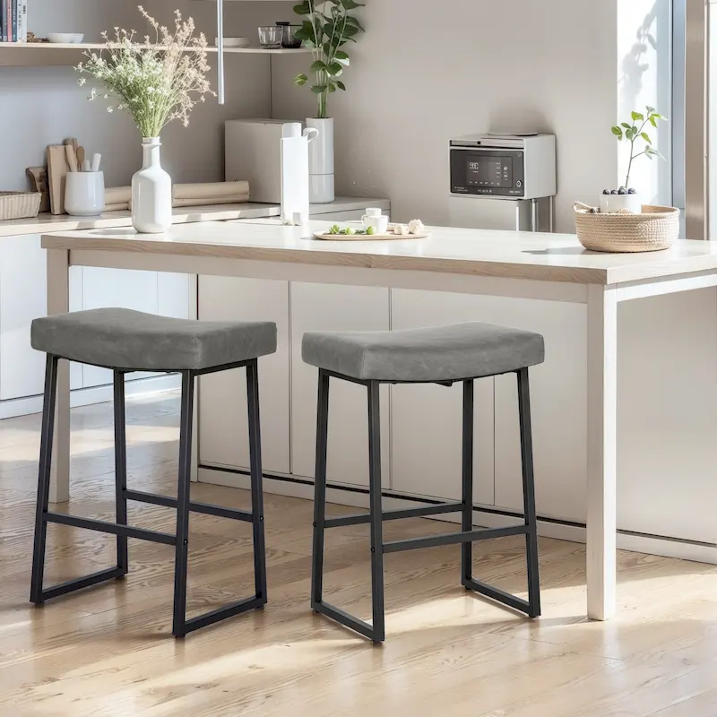 PHI VILLA 2-Piece Saddle Design PU Leather Bar Stool with Sturdy Metal Frame