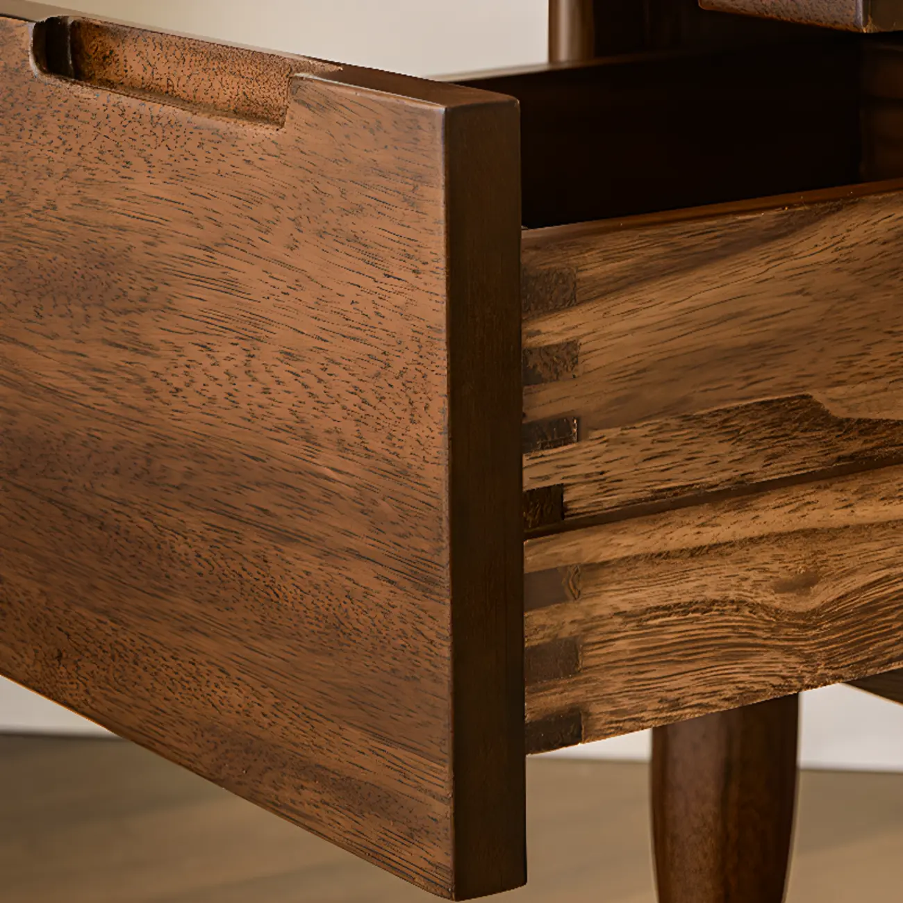 Art Deco Brown Wood Top 2 Drawer Nightstand with Legs