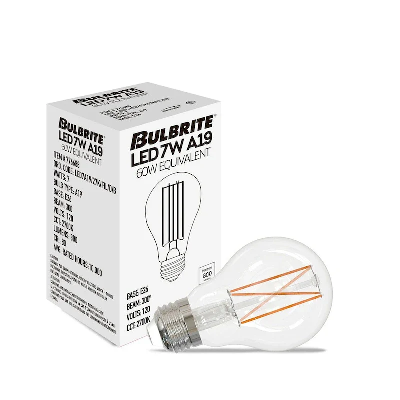 Bulbrite Pack of (8) 7 Watt Dimmable Clear Filament A19 Medium (E26) LED Bulb