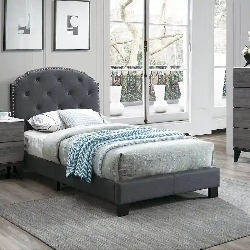 Light Brown / Charcoal / Light Grey Button-Tufted Platform Twin Bed Frame – Single