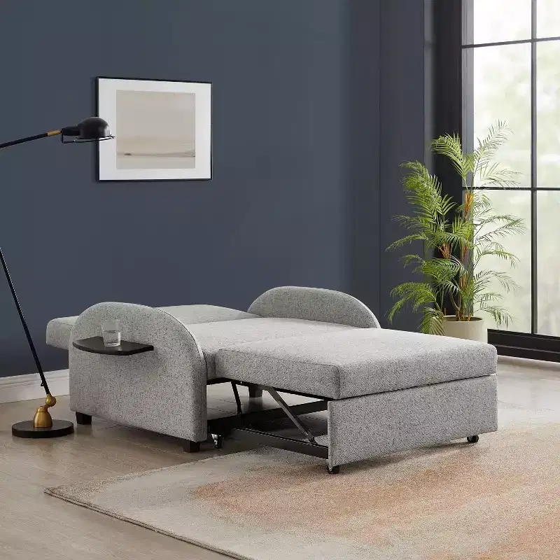 Twin Woven Polyester Fabric Black Wood Frame and Tray Table Convertible Bed Gray: Multifunctional Design, Easy Mobility