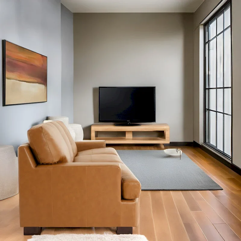 Genuine Leather Square Arm Sofa, Tan, Goose Feather Cushions, Block Legs, Seats 3