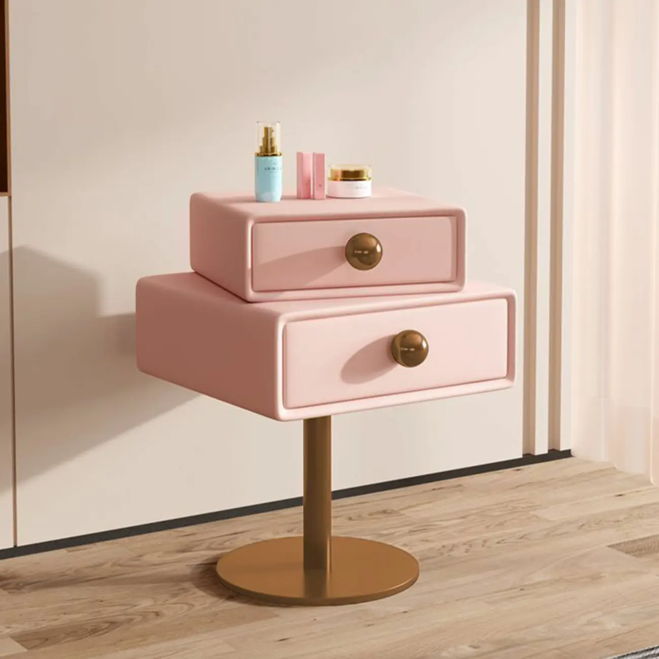 Modern Metal Faux Leather Swivel 2-Drawer Nightstand