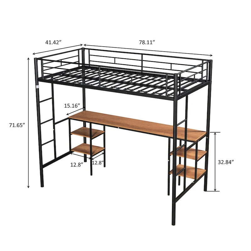 Twin Metal Loft Bed with Table, Shelves, Guardrails, and Ladders