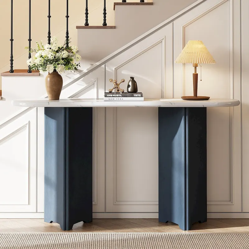 Entryway Console Table, Table with Oval Faux Marble Top for Entrance