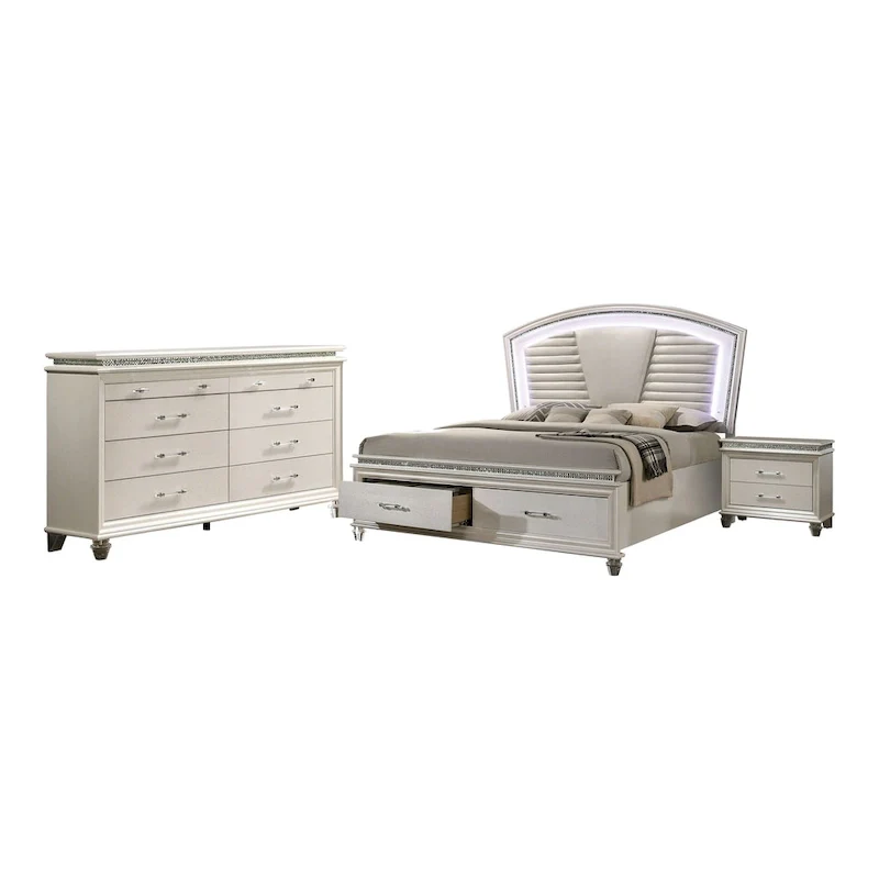Xian Glam White Solid Wood 3-Piece Platform Bed with Nightstand and Dresser Set with LED by Furniture of America