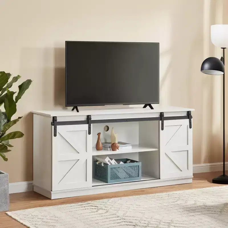 Brown Farmhouse TV Stand with Sliding Barn Doors, Fits TVs up to 65