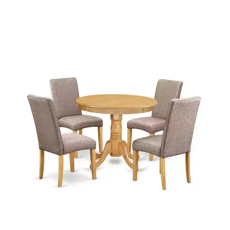 Round Dining Table Set 5pc - 36 Table & 4 Chairs - Rustic Oak Finish - Linen Fabric Dark Khaki