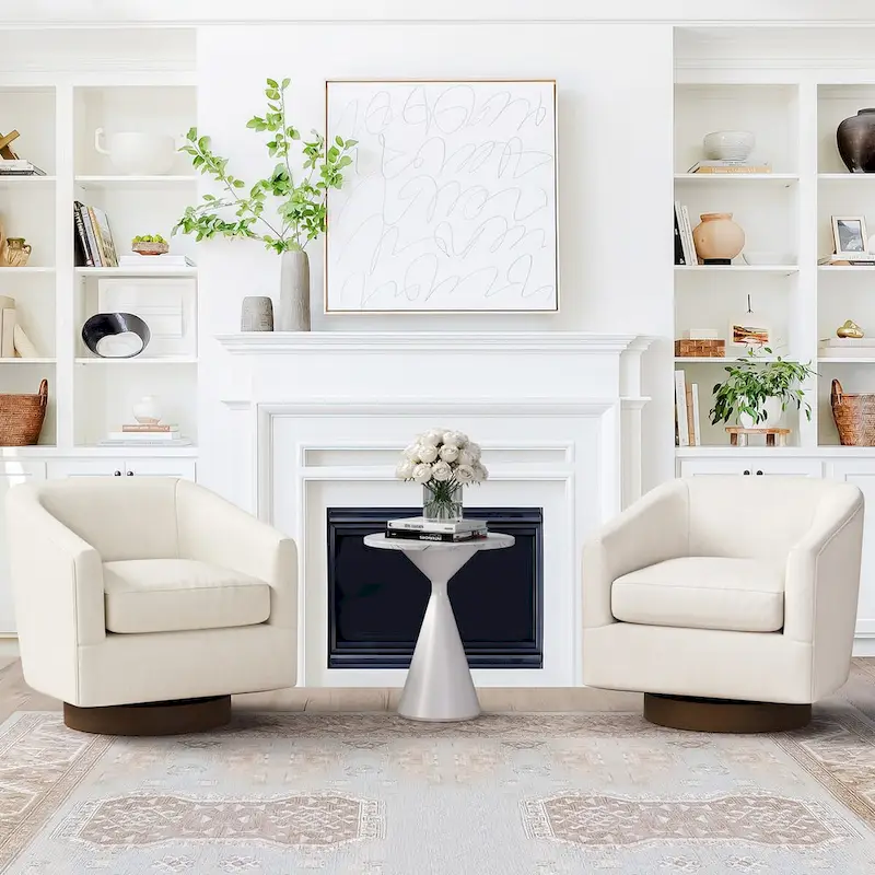 Modern Upholstered Accent Chair Fabric 360 Swivel Barrel Set of 2 Armchair Wood Frame