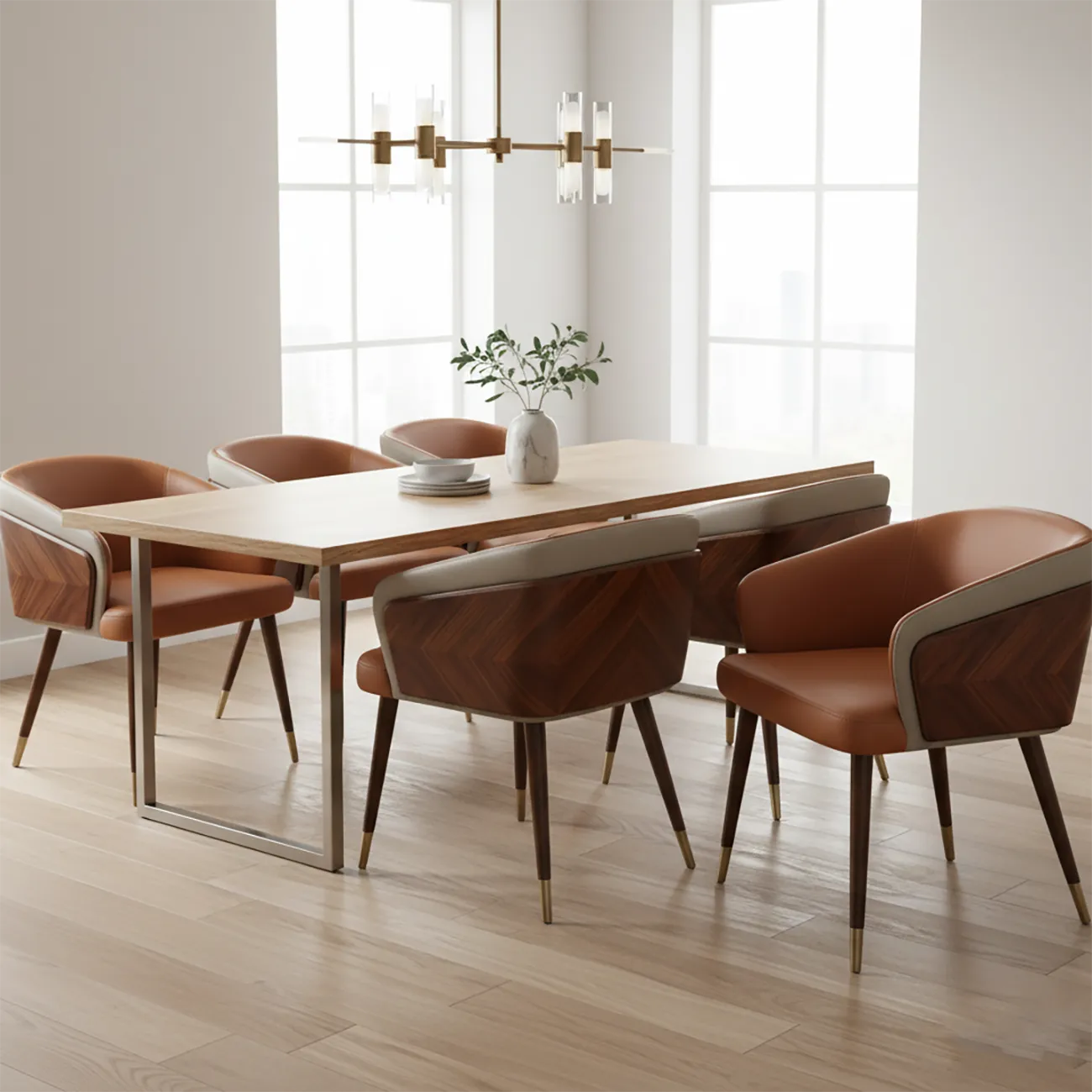 Modern Armrest Faux Leather Wood Dining Chair Low Back