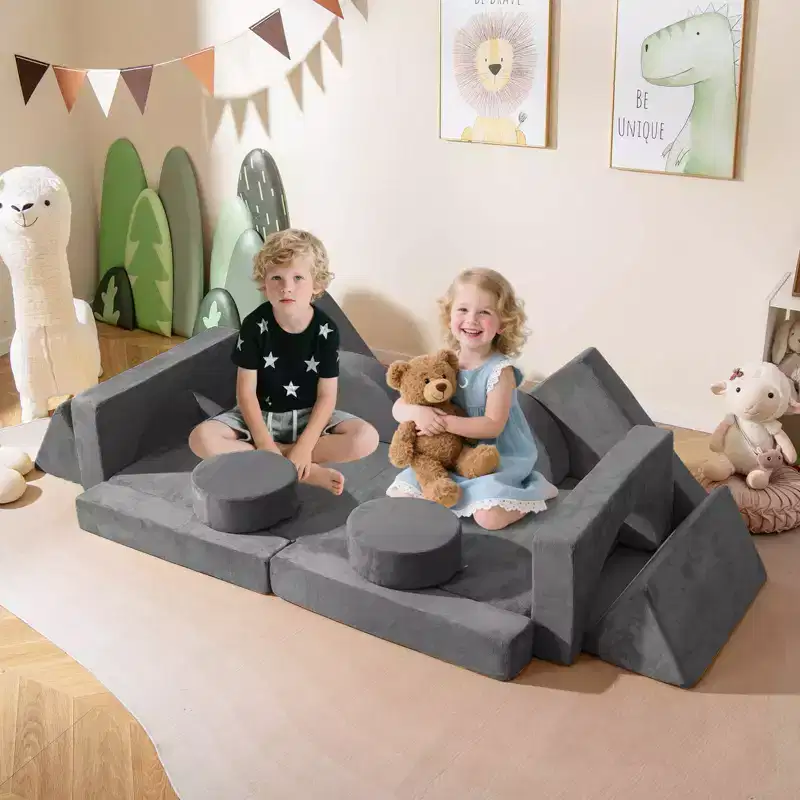 Costway 14 PCS Modular Kids Play Couch Child Sectional Sofa Toddler Soft Playset Blue/Gray/Yellow