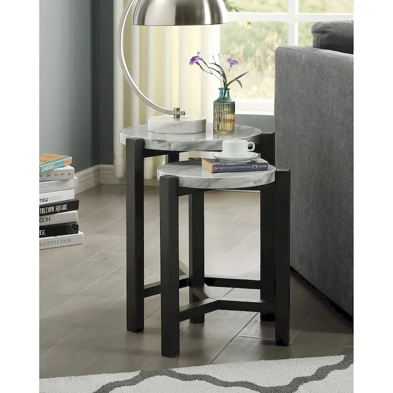 Brushed Brown Grey Transitional Round Nesting Side Tables, Set of 2