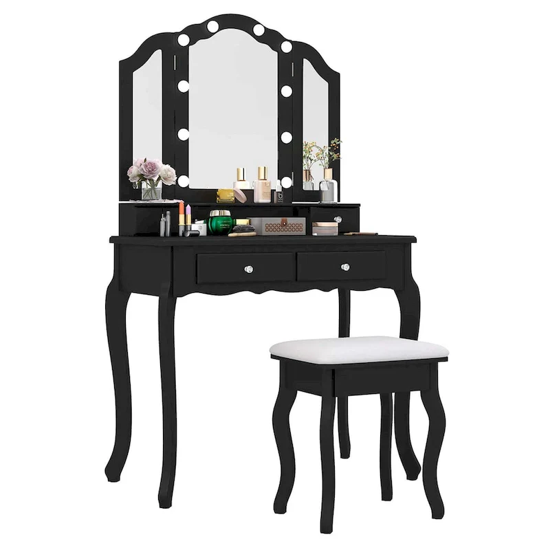Costway Makeup Vanity Set with Tri-Fold Mirror & LED Lights 4 Drawers - See Details
