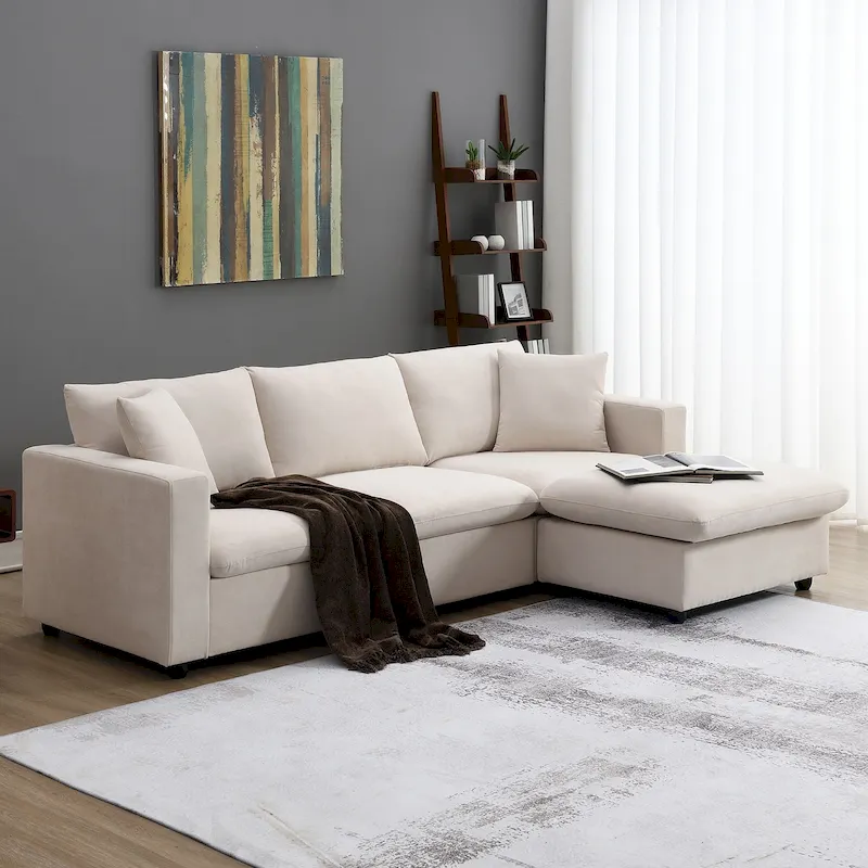 Modern 4-Seat L-Shaped Sectional Sofa, with 2 Free pillows, Convertible Ottoman