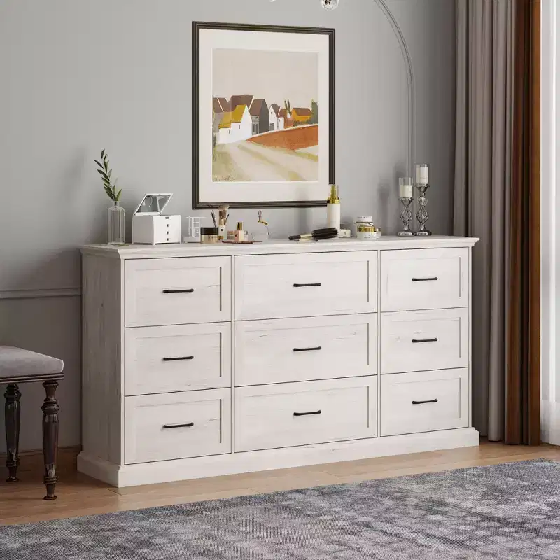 Rustic White 9-Drawer Wide Storage Dresser