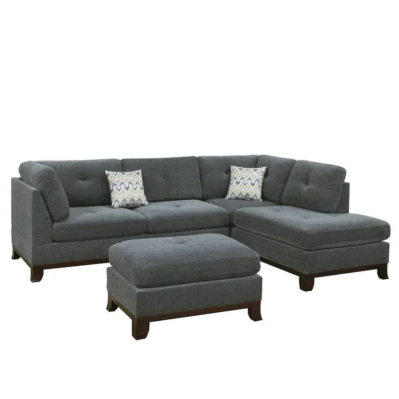 Poundex 3 Piece Fabric Sectional Sofa Set with Ottoman