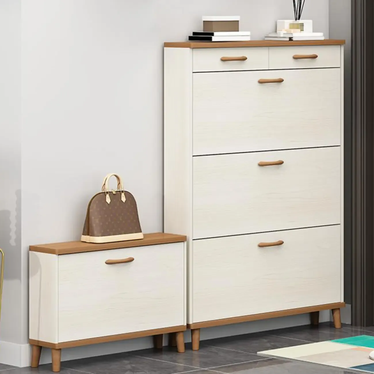 Narrow Beige Solid Wood Drop Front Shoe Cabinet