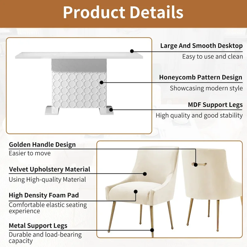 7-Piece Clihome High-gloss Extendable Table Velvet Chair Dining Set