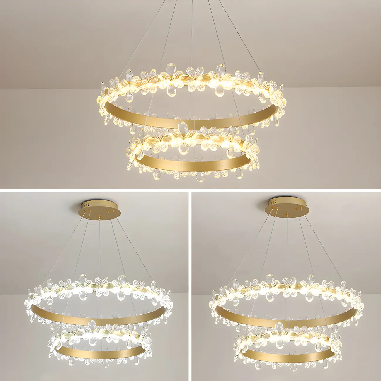 Modern Gold Dimmable LED Flower Crystal Ring Chandelier
