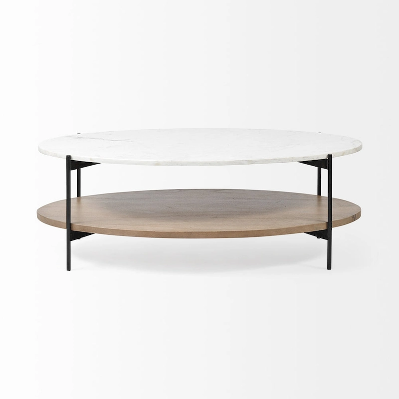 HomeRoots 48 Brown and Black Genuine Marble and Metal Oval Coffee Table With Shelf - 30