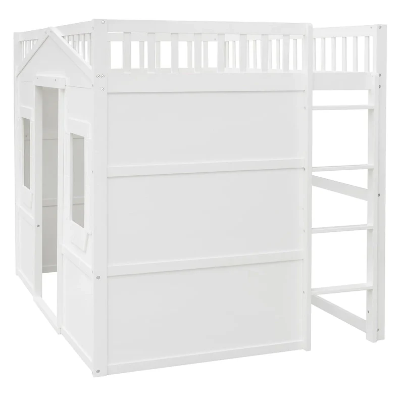White Castle Style Full Size Solid Pine Wood Loft Bed with Ladder and Guard Rails
