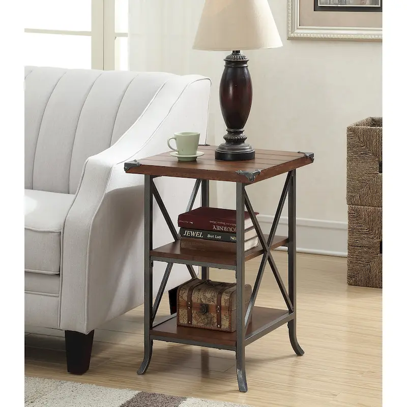 18-Inch End Table with Shelves, Hammered Metal Frame, Grooved Top Panel, Scrolled Feet for Living Room