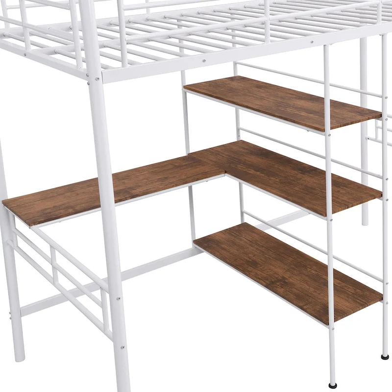 Twin Size Metal Loft Bed with Desk and Shelves
