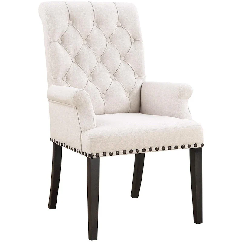 Rolled Back Design Button Tufted Beige Dining Arm Chair with Nailhead Trim