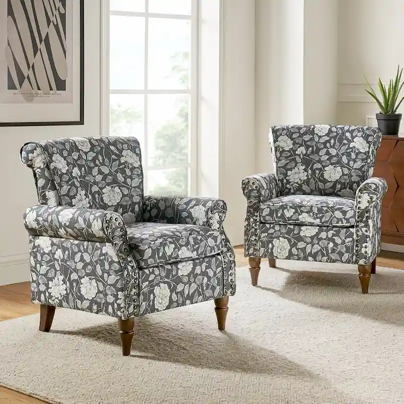 Nyctelius Traditional Polyester Accent Arm Chair with Pattern and Nailhead Trim Set of 2 by HULALA HOME