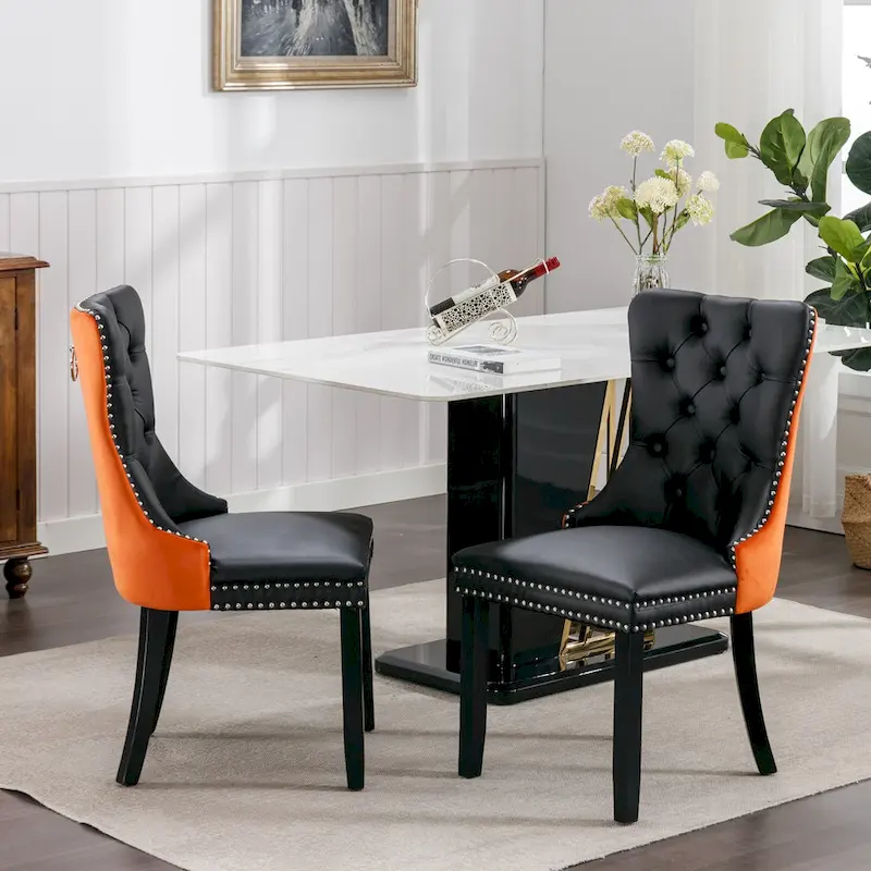 High Back Dining Chairs Set of 2, Upholstered PU Leather Kitchen Chairs Side Chair with Rear Handle Wood Legs