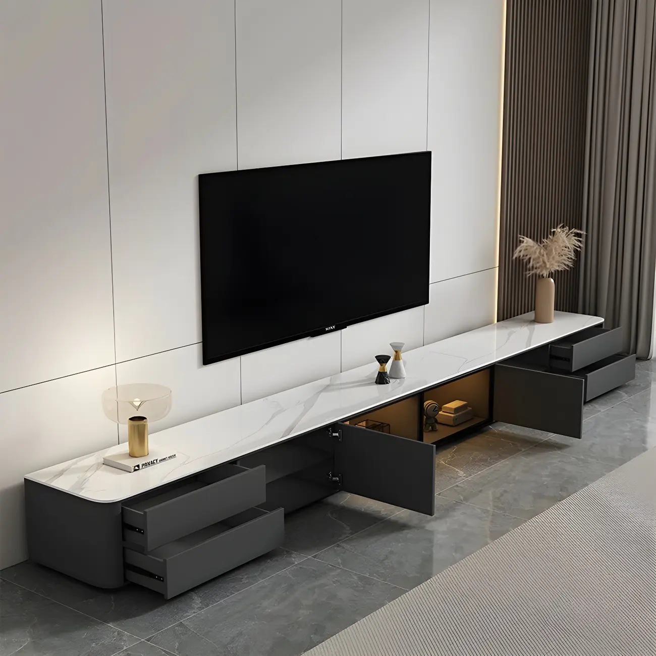 Living Room Grey Stone Long TV Stand with Drawers & Cabinet