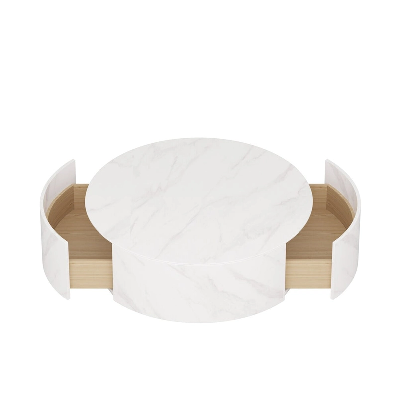Modern Round Coffee Table with 2 Drawers, Sintered Stone Tabletop and Golden Base