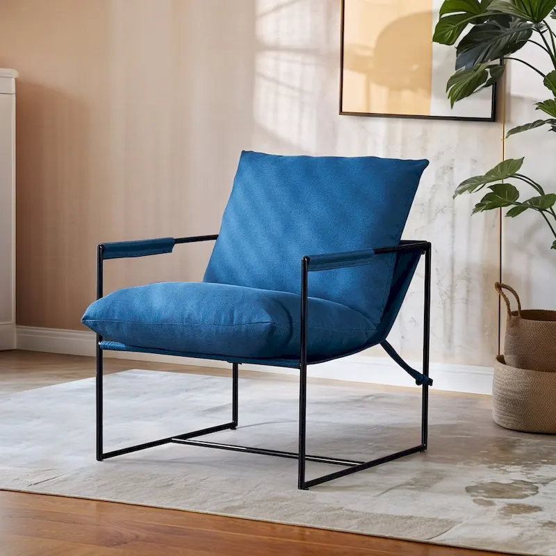 Linen Sling Chair Indoor Modern Accent Chair with Two Removable Soft Cushion Industrial Style Chair with Metal Frame Comfy Chair