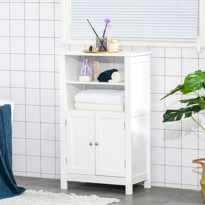 kleankin Bathroom Floor Storage Cabinet, Freestanding Linen Cabinet with Double Doors and 2 Adjustable Shelves, White
