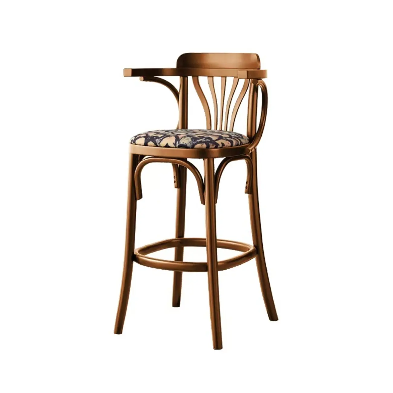 Mid-Century Wooden Round Upholstered Bar Stools with Back