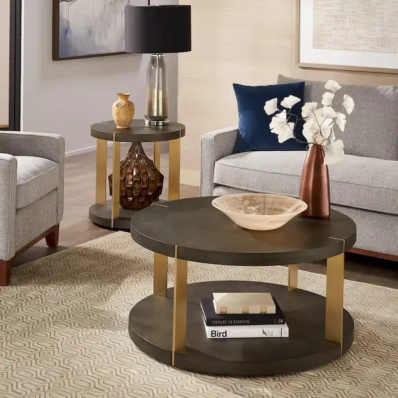 Gold Metal Dark Brown Faux Shagreen Round Table