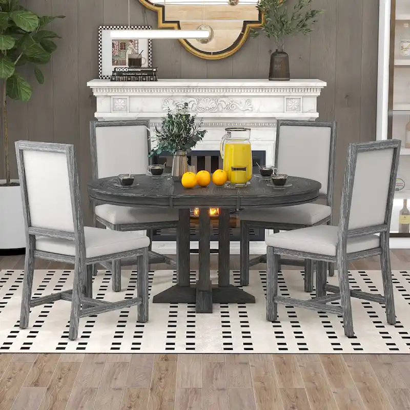 5-Piece Dining Set Extendable Round Table and 4 Upholstered Chairs Farmhouse Dining Set