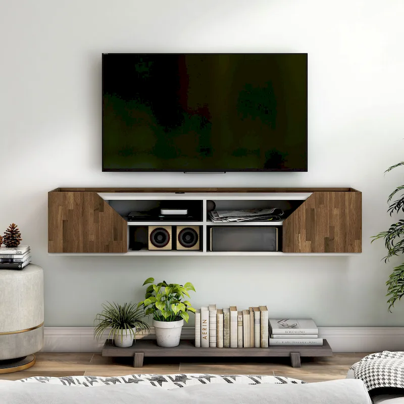 61-Inch Two-Tone White Floating TV Stand with 4 Shelves, Transitional Style Media Console