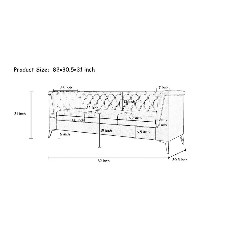 82 Velvet 3 Seater Chesterfield Sofa Couch with Gold Metal Legs, High Rebound Sponge and Removable Cushions