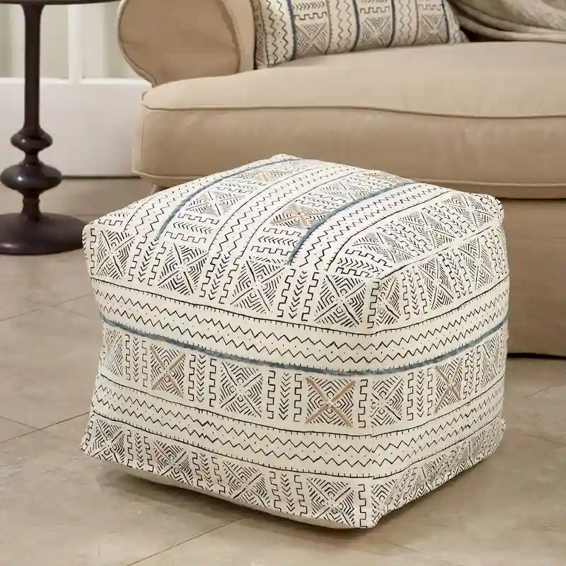 Cotton Floor Pouf with Abstract Pattern – White, Polystyrene Bead Fill, Single