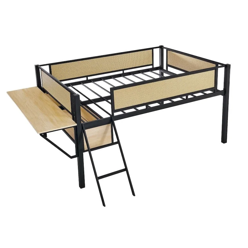 Metal Double Bed Loft Bed with Rectangular Desk, LED Lights