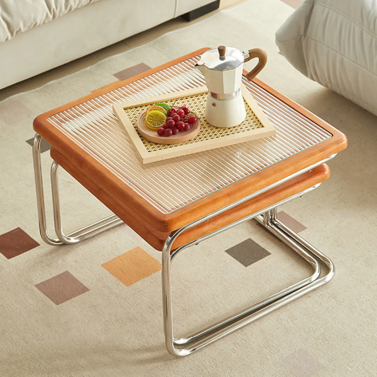 Cherry Finish Rattan Glass Square Nesting Coffee Table